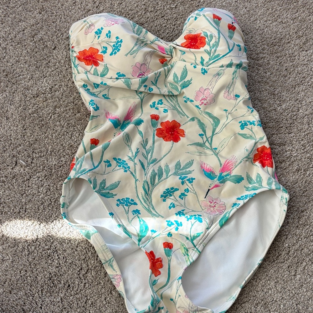 Women’s Floral One-Piece Swimsuit in Cream with Red & Teal Print